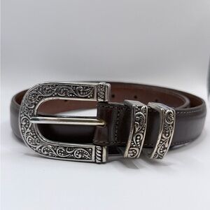 Brighton Brown Leather Belt with Silver Engraved Western Buckle – Size Small